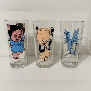 Vintage Set of 3 Loony Tunes Porky Pig Roadrunner Pepsi 1973 Tumblers
